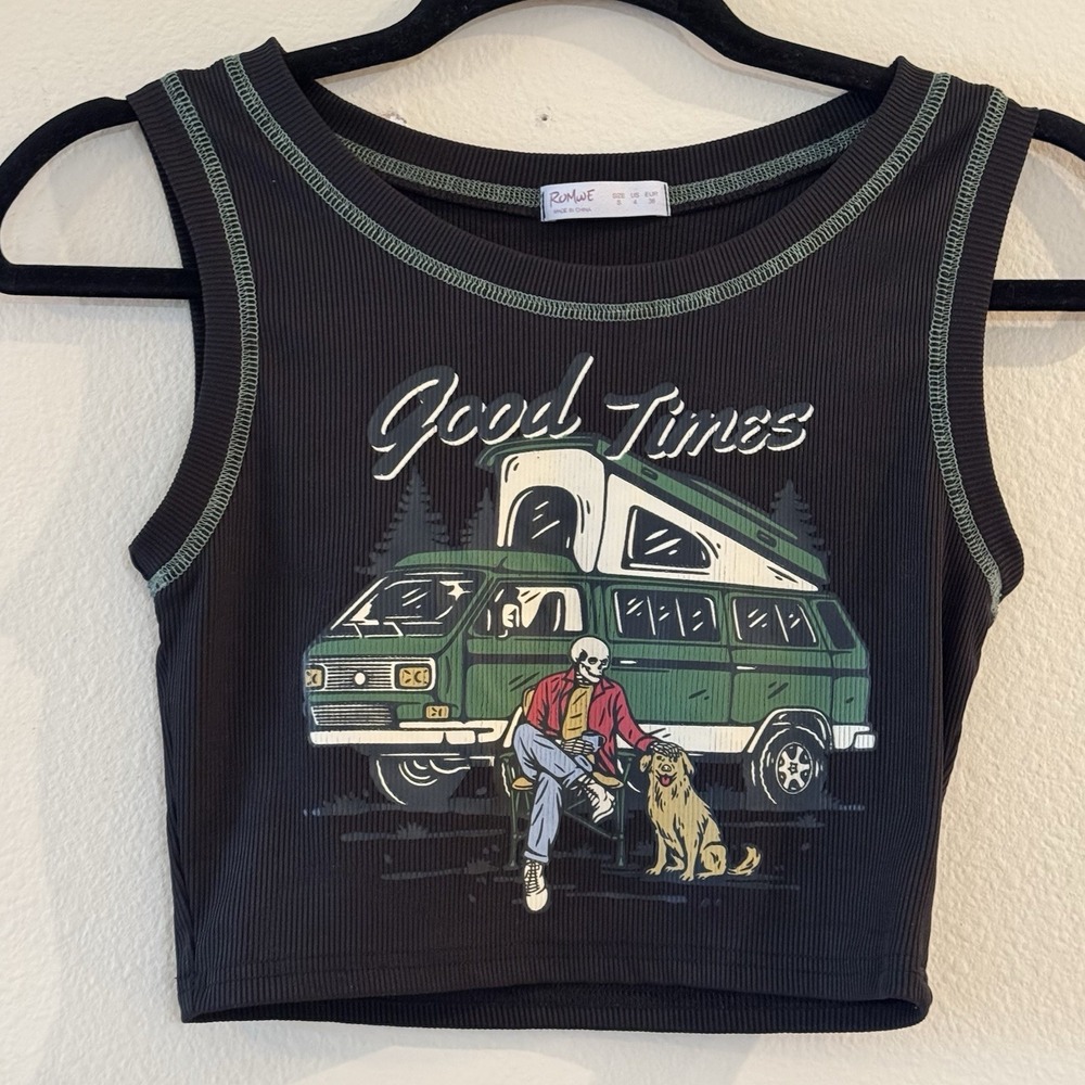 Y2K Camper Van Graphic Crop Tank Good Times Skeleton Festival Top Small